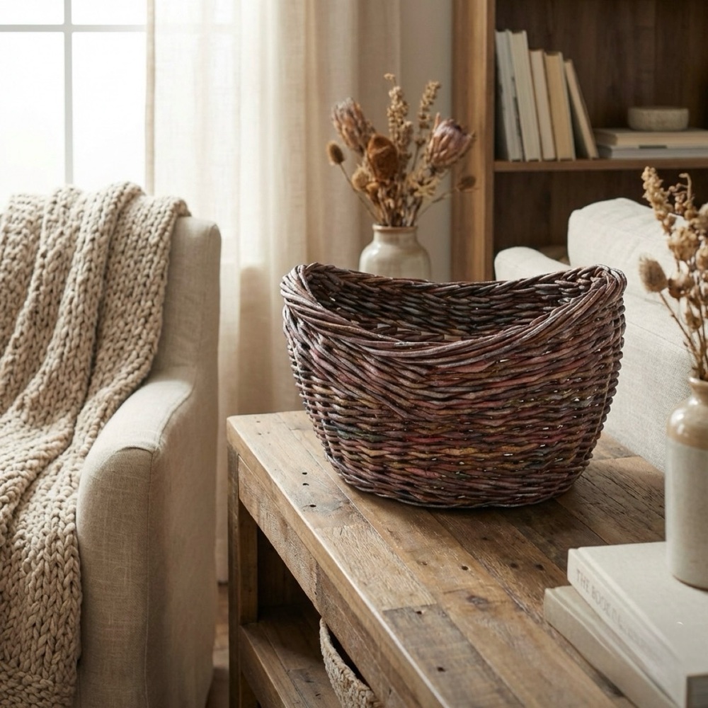 Handwoven Recycled Paper Rope Basket. Rustic Boho Farmhouse Decor Bowl